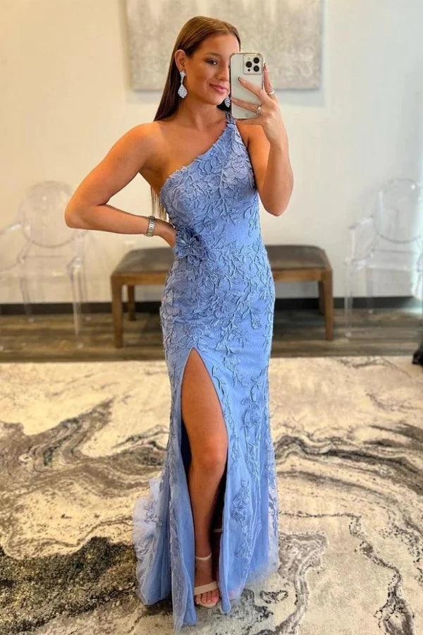 Mermaid One Shoulder Blue Long Lace Prom Evening Dress With Split PSK412 - Pgmdress