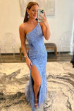 Mermaid One Shoulder Blue Long Lace Prom Evening Dress With Split PSK412 - Pgmdress