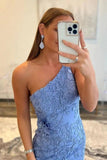 Mermaid One Shoulder Blue Long Lace Prom Evening Dress With Split PSK412 - Pgmdress