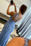 Mermaid One Shoulder Blue Long Lace Prom Evening Dress With Split PSK412 - Pgmdress