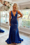 Sirène bleu royal col en V longue robe de bal robe de soirée PSK345