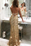 Goldenes Ballkleid im Meerjungfrau-Stil mit U-Ausschnitt und überkreuztem Rücken und Pailletten PG609 