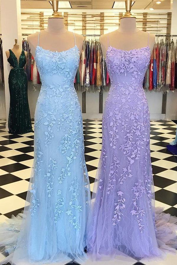 Blue Tulle Lace Mermaid Spaghetti Straps Prom Dress SP726