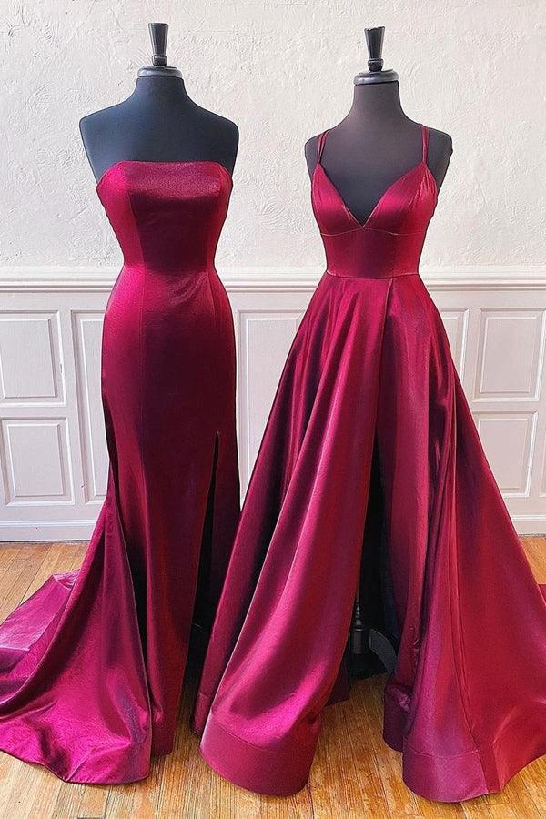 Strapless Burgundy Split Prom Evening Dress With Sweep Train PSK123 - Pgmdress