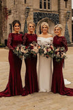 Mermaid Sweep Train Lace Long Sleeve Burgundy Bridesmaid Dresses  BD090