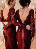 Mermaid Sweep Train Lace Long Sleeve Burgundy Bridesmaid Dresses BD090 - Pgmdress