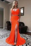 Zweiteiliges Abendkleid mit langen orangefarbenen Pailletten im Meerjungfrau-Stil PSK316