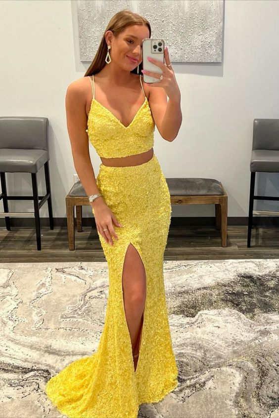 Unique Yellow Two Pieces Lace Prom Dresses, Mermaid Long Prom Dress Unique Yellow Two Pieces Lace Prom Dresses, Mermaid Long Prom Dress