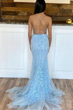 Mermaid Two Piece Scoop Neck Light Blue Lace Prom Dresses PSK274 - Pgmdress