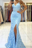 Mermaid V Neck Backless Blue Lace Long Prom Evening Dress PSK422 - Pgmdress