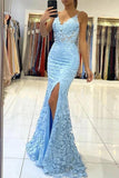 Meerjungfrau-Abendkleid mit V-Ausschnitt, rückenfrei, blauer Spitze, langes Ballkleid PSK422