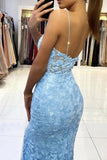 Mermaid V Neck Backless Blue Lace Long Prom Evening Dress PSK422 - Pgmdress