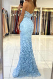 Mermaid V Neck Backless Blue Lace Long Prom Evening Dress PSK422 - Pgmdress