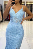Mermaid V Neck Backless Blue Lace Long Prom Evening Dress PSK422 - Pgmdress