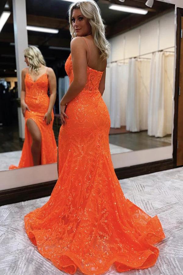 Mermaid V Neck Glitter Slit Orange Split Prom Evening Dress PSK416 - Pgmdress
