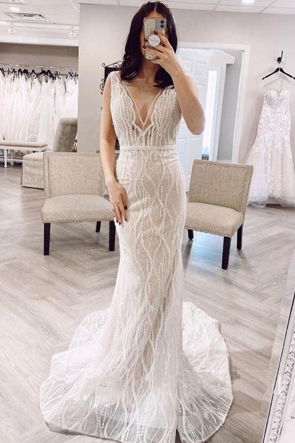 Mermaid V Neck Lace Wedding Dresses Backless Bridal Gown WD598 - Pgmdress