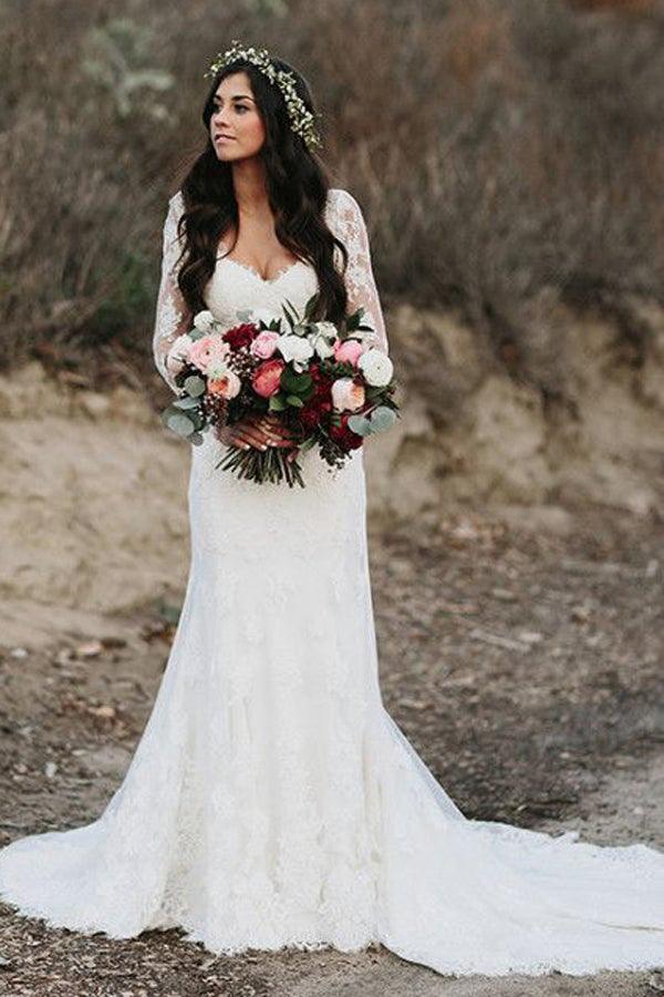Mermaid V Neck Wedding Dress Long Sleeve Lace Bridal Gown WD610 - Pgmdress
