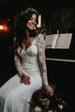 Meerjungfrau-Hochzeitskleid mit V-Ausschnitt, langärmeliges Spitzen-Brautkleid WD610