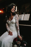 Mermaid V Neck Wedding Dress Long Sleeve Lace Bridal Gown WD610 - Pgmdress