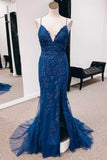 Navy Appliques Lace-Up Back Mermaid Long Prom Dress with Slit PSK391