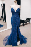 Navy Appliques Lace-Up Back Mermaid Long Prom Dress with Slit PSK391 - Pgmdress