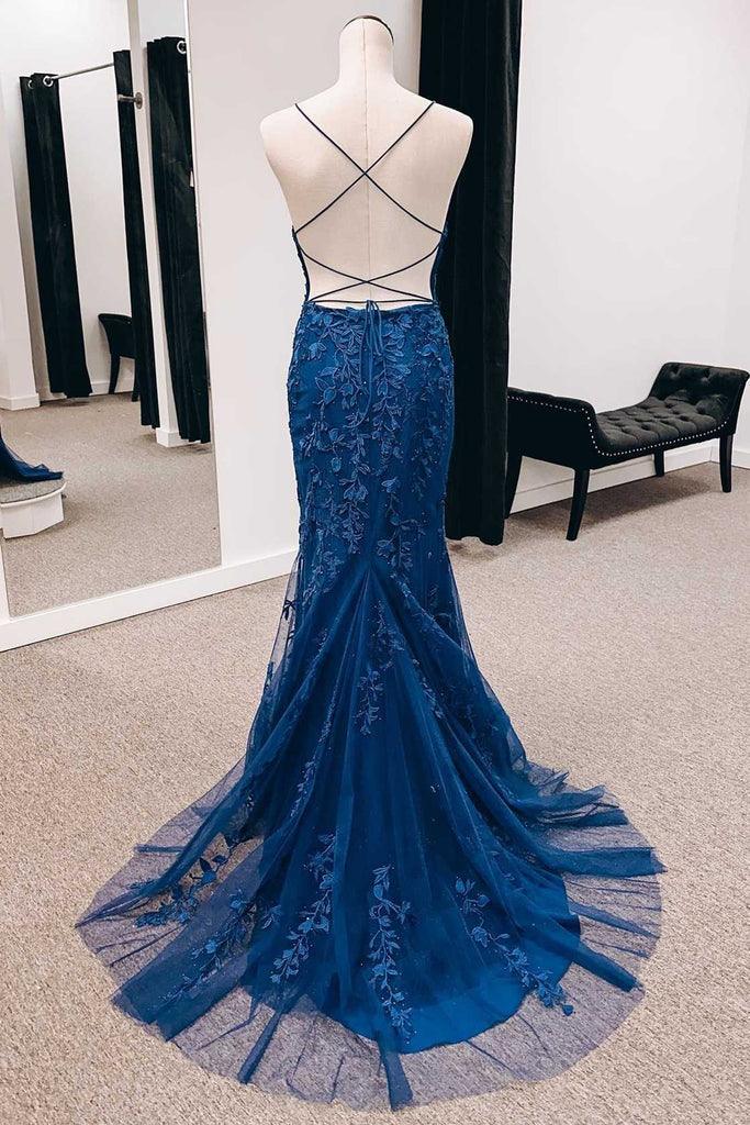 Navy Appliques Lace-Up Back Mermaid Long Prom Dress with Slit PSK391 - Pgmdress