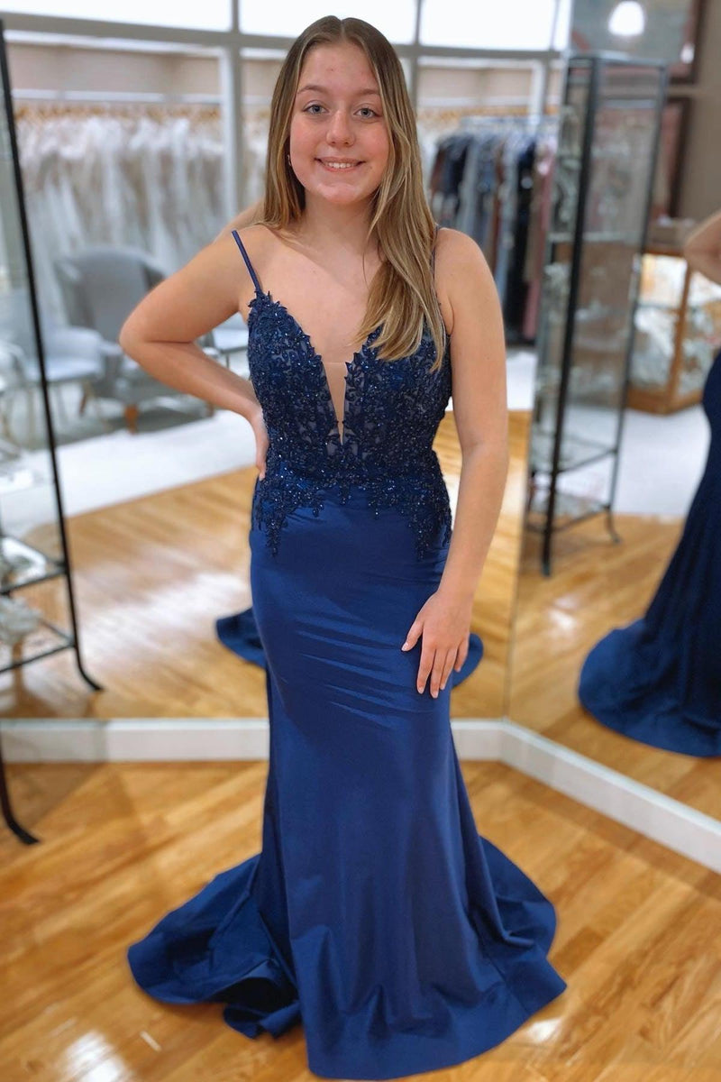 Navy Blue Mermaid V Neckline Rhinestone Long Prom Dress PSK402 - Pgmdress