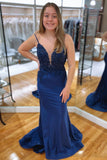 Navy Blue Mermaid V Neckline Rhinestone Long Prom Dress PSK402