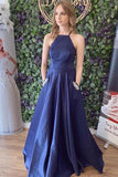 Navy Blue Satin Lace Up Back A-Line Prom Dress With Pockets PSK377