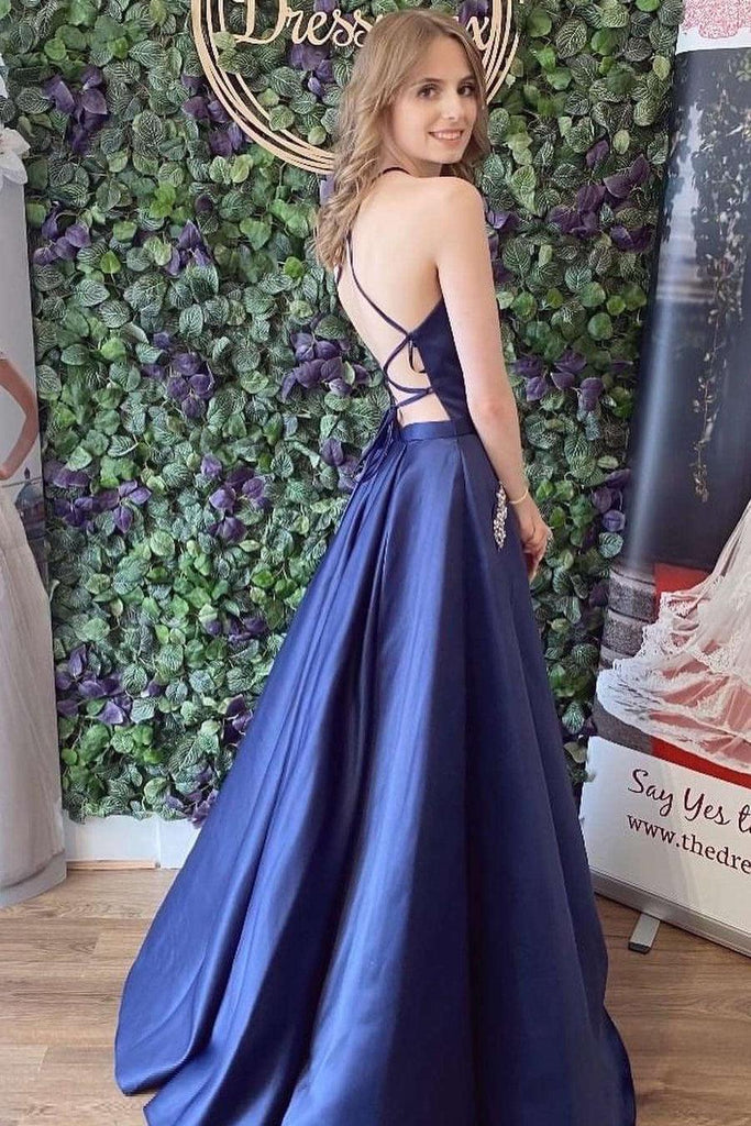 Navy Blue Satin Lace Up Back A-Line Prom Dress With Pockets PSK377 - Pgmdress