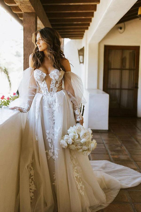 Off The Shoulder Long Sleeves Lace Appliques Bohemian Wedding Dress WD611 - Pgmdress