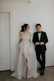 Off The Shoulder Satin Lace Split Wedding Dress With Long Veil WD604 - Pgmdress
