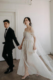 Off The Shoulder Satin Lace Split Wedding Dress With Long Veil WD604 - Pgmdress