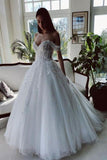 Schulterfreies Brautkleid aus Tüll mit weißen Applikationen und Perlenstickerei WD579