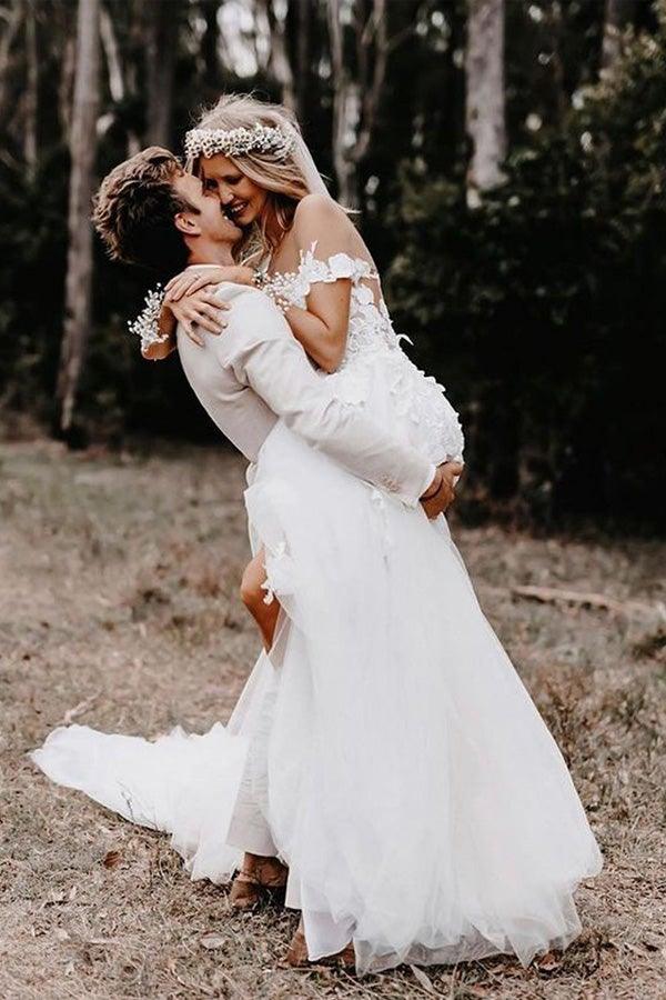 Off the Shoulder Ball Gown White Tulle Wedding Dresses with Applique WD561 - Pgmdress