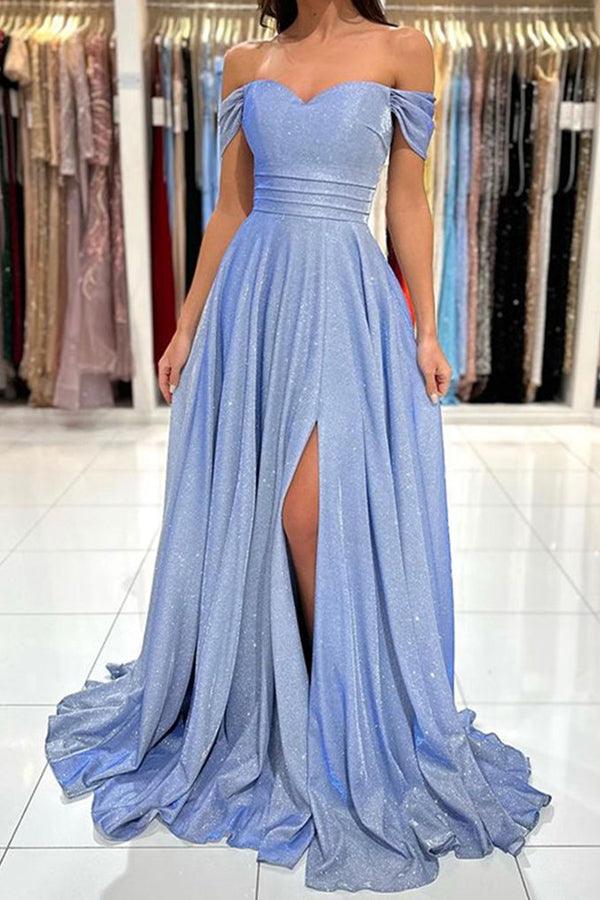 Off the Shoulder Shiny Blue Long Prom Dresses Formal Dress PSK379 - Pgmdress