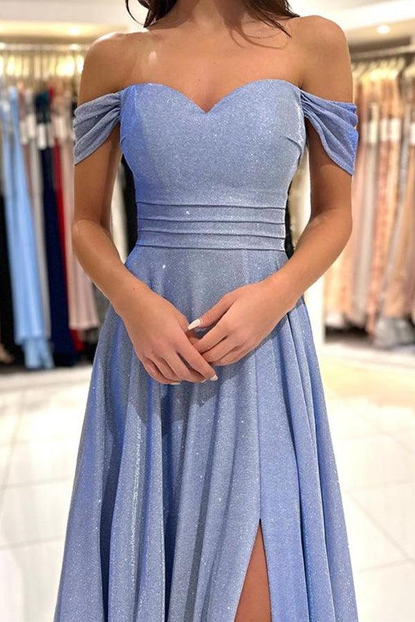 Off the Shoulder Shiny Blue Long Prom Dresses Formal Dress PSK379 - Pgmdress