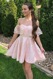 Off the Shoulder Short Pink Lace Prom Dresses Homecoming Dresses PD452 - Pgmdress