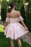 Off the Shoulder Short Pink Lace Prom Dresses Homecoming Dresses PD452 - Pgmdress