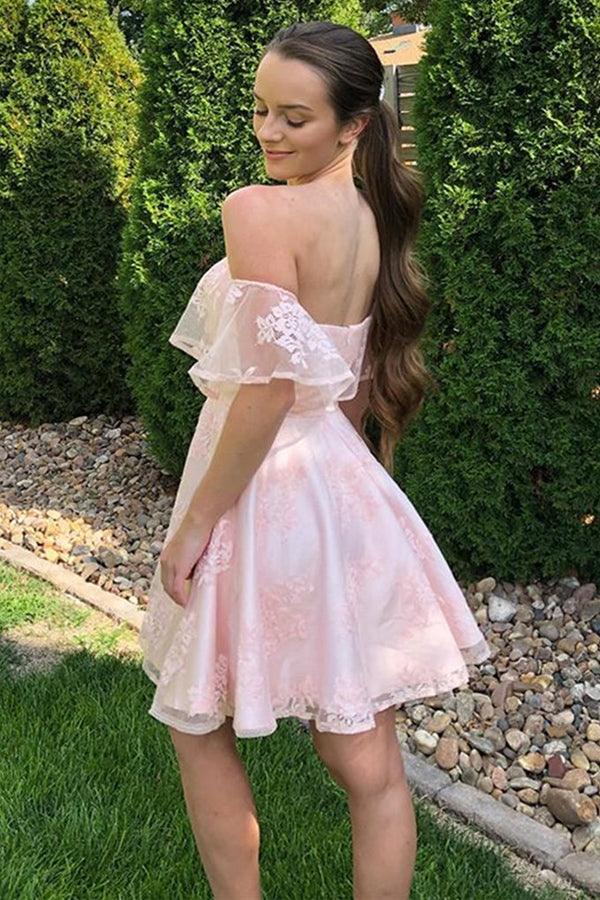 Off the Shoulder Short Pink Lace Prom Dresses Homecoming Dresses PD452 - Pgmdress