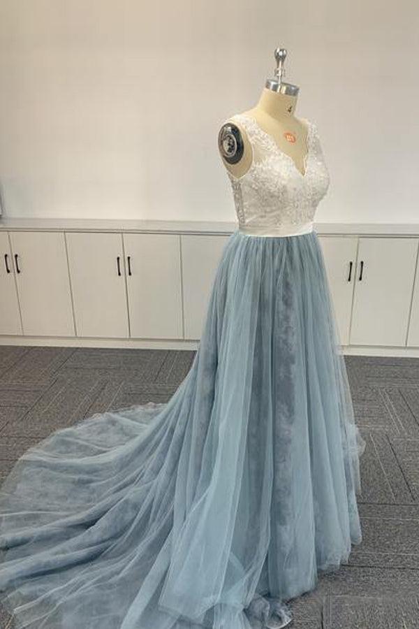 Ombre Soft Tulle Embroidered Lace V Neck Prom Dresses Formal Dresses PSK056 - Pgmdress