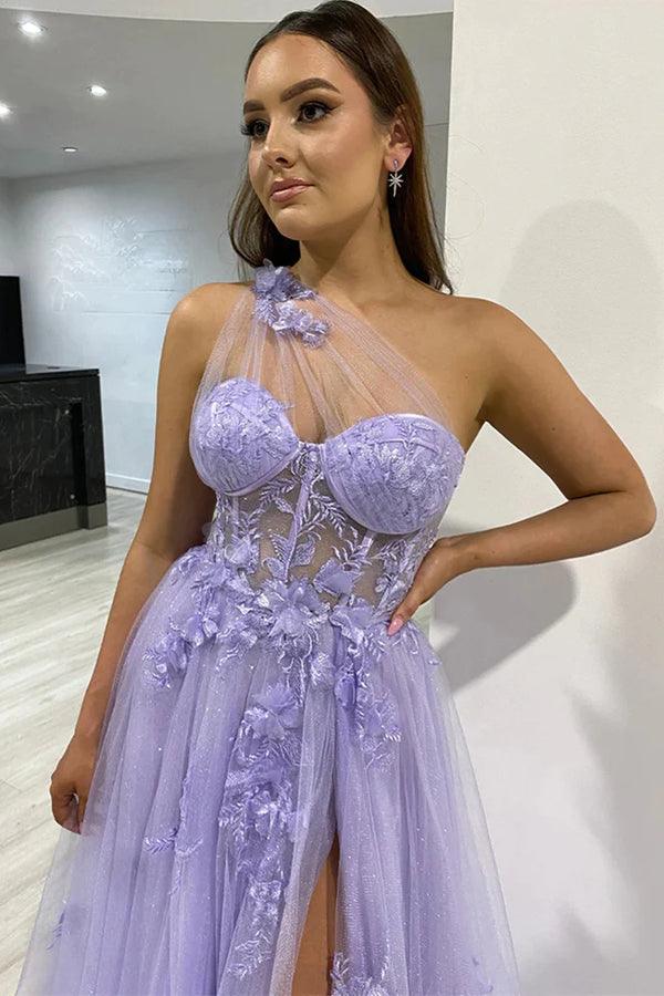 One Shoulder Purple Blue Lace Split Prom Dresses Evening Dresses US2 / Custom Color One Shoulder Purple Blue Lace Split Prom Dresses Evening Dresses US2 / Custom Color