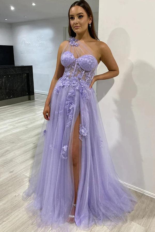 One Shoulder Purple Blue Lace Split Prom Dresses Evening Dresses PSK426 - Pgmdress