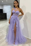 One Shoulder Purple Blue Lace Split Prom Dresses Evening Dresses PSK426