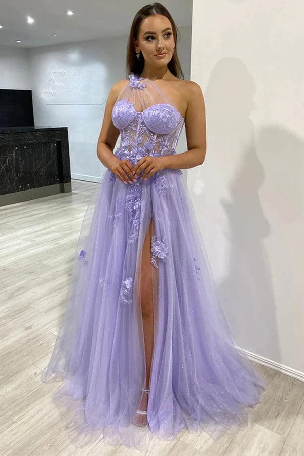 One Shoulder Purple Blue Lace Split Prom Dresses Evening Dresses PSK426 - Pgmdress