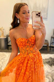 Orange Tulle Lace Long Prom Dress Orange Tulle Formal Evening Dress PSK366 - Pgmdress