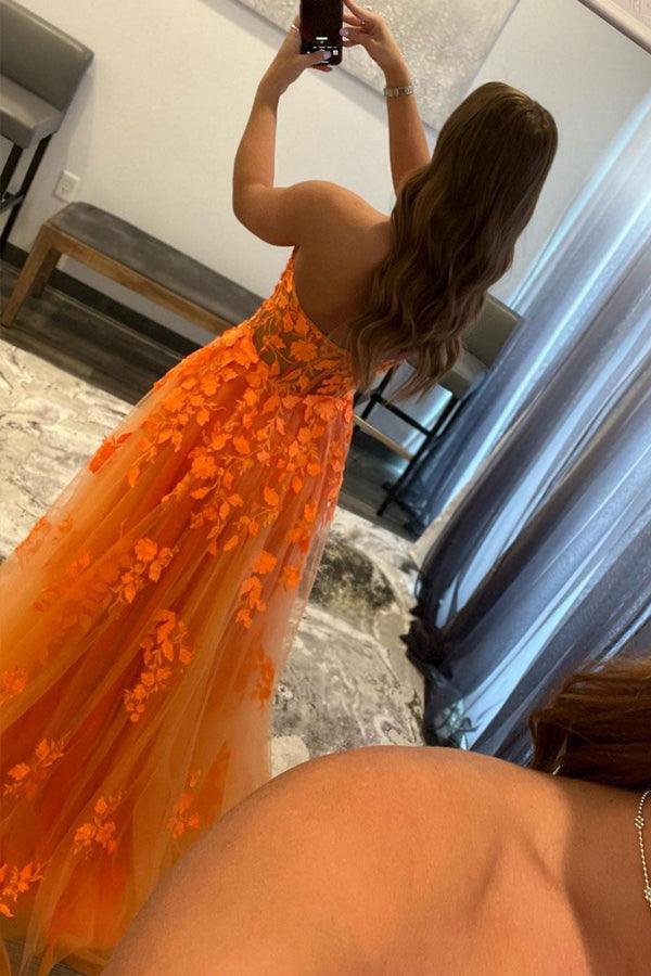 Orange Tulle Lace Long Prom Dress Orange Tulle Formal Evening Dress PSK366 - Pgmdress