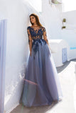 Sexy Long Sleeves Blue Lace Open Back Prom Dresses Evening Dresses PG663
