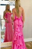 Pink Spaghetti Straps Satin Mermaid Prom Dress With Ruffles PSK355 - Pgmdress