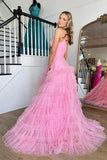 Pink V-Neck Empire Waist Tiered Long Prom Dress with Ruffles PSK409 - Pgmdress